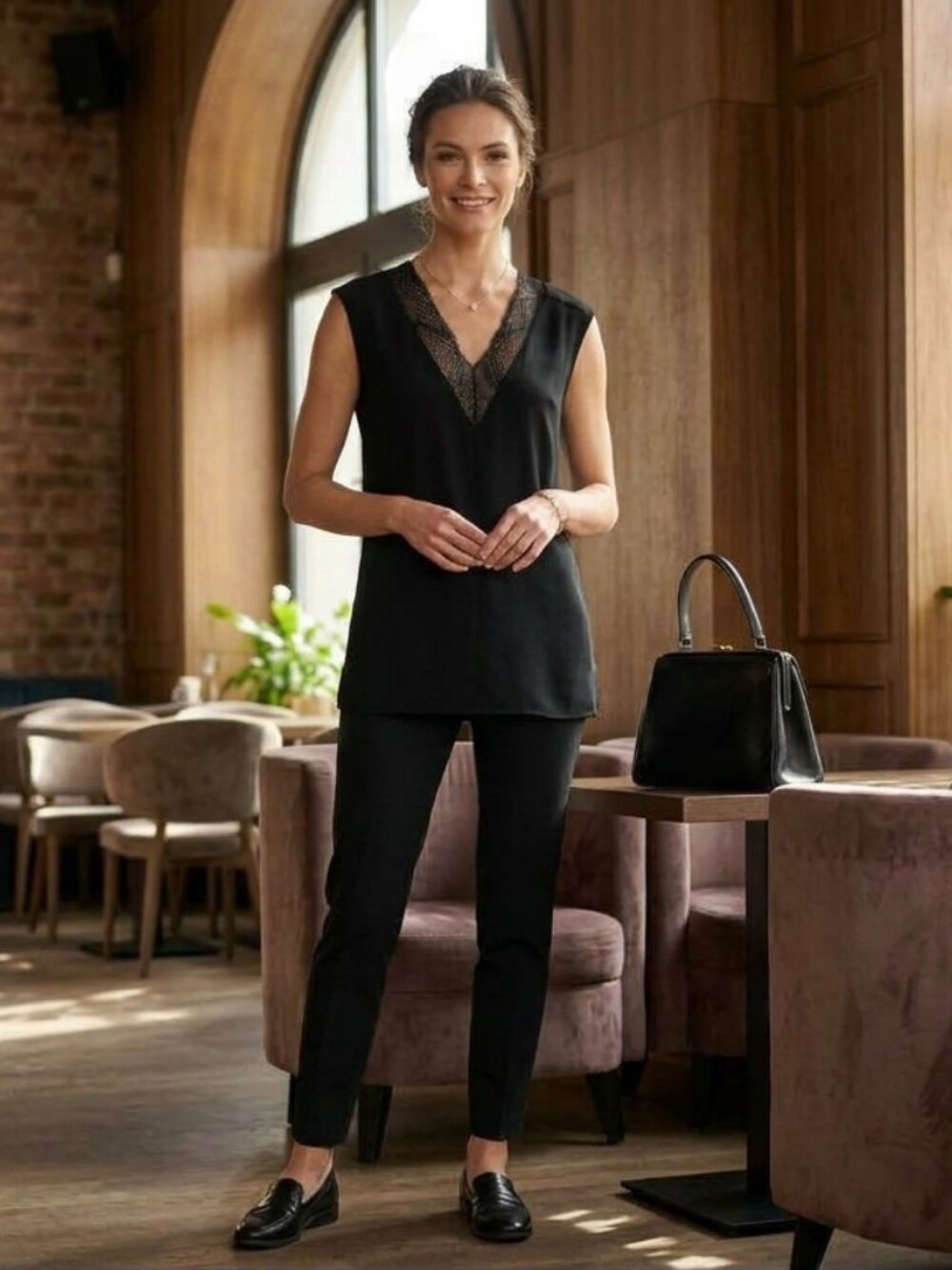 Theory Black Sleeveless V-Neck Top Shift Dress Lace Trim Inset - Size M